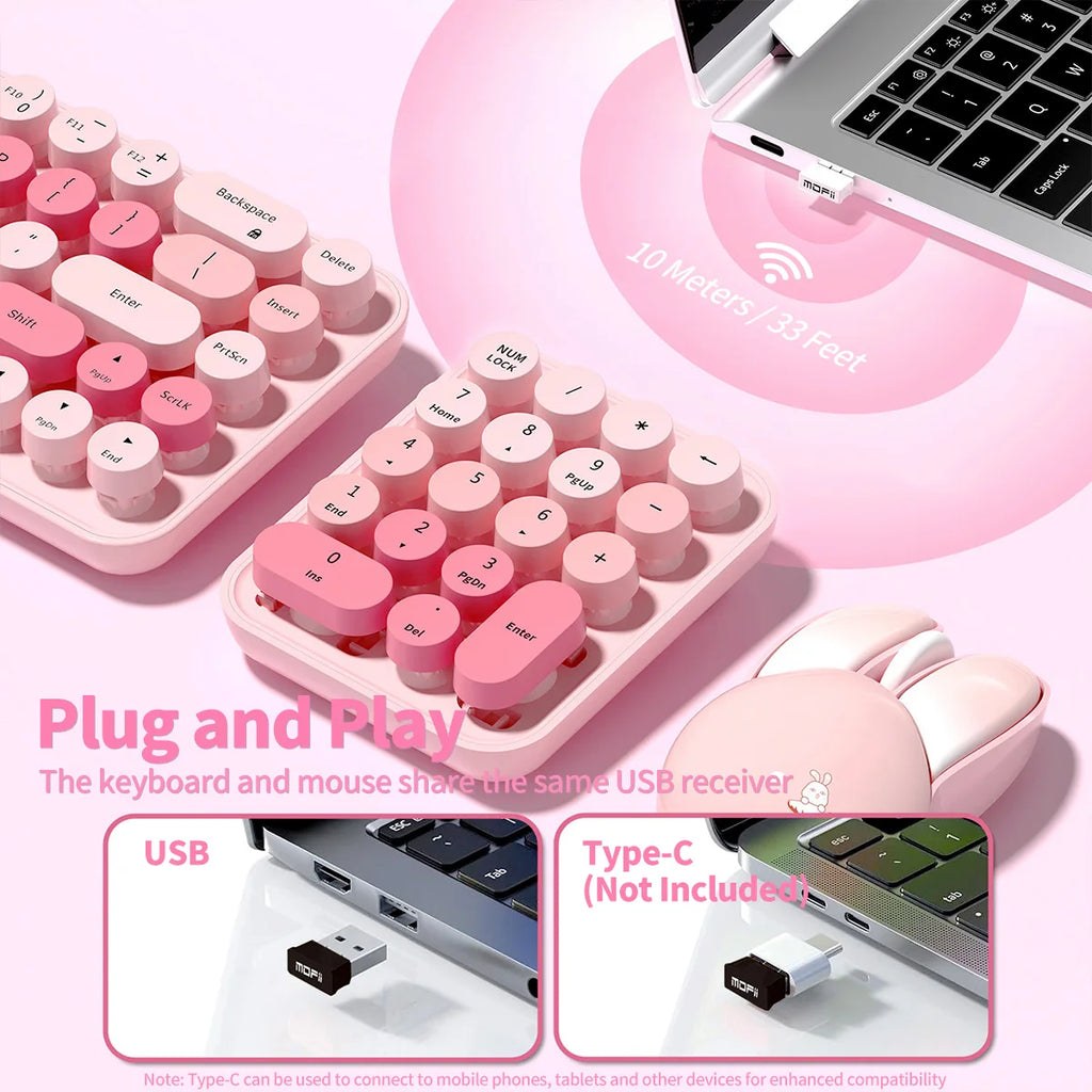 MOFii 1 Set Pink Wireless Keyboard & Mouse Combo, Cute Round Keycaps for Girls, Plug and Play, US QWERTY