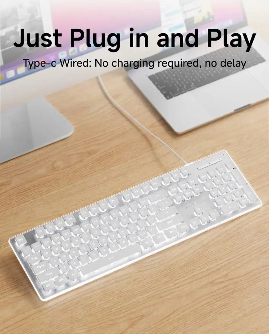 EWEADN GX710S Keyboards White Backlit 104 Keys Metal Panel Wired USB Mute Keyboard with Water Drop Keycaps for Game and Office