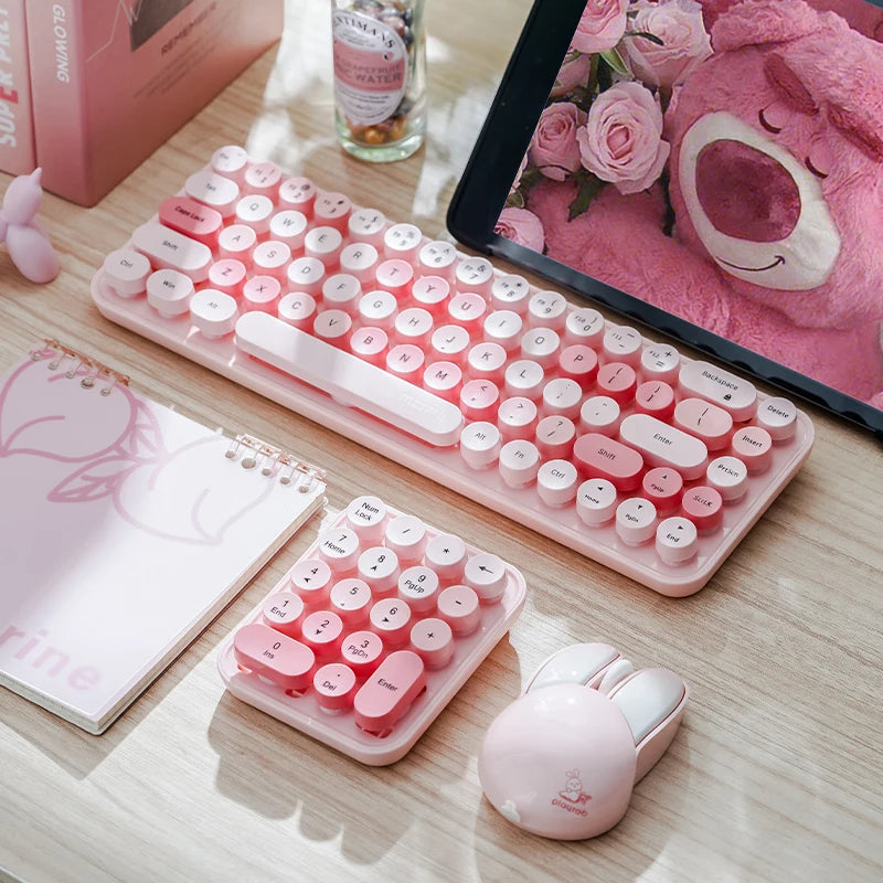 MOFii 1 Set Pink Wireless Keyboard & Mouse Combo, Cute Round Keycaps for Girls, Plug and Play, US QWERTY