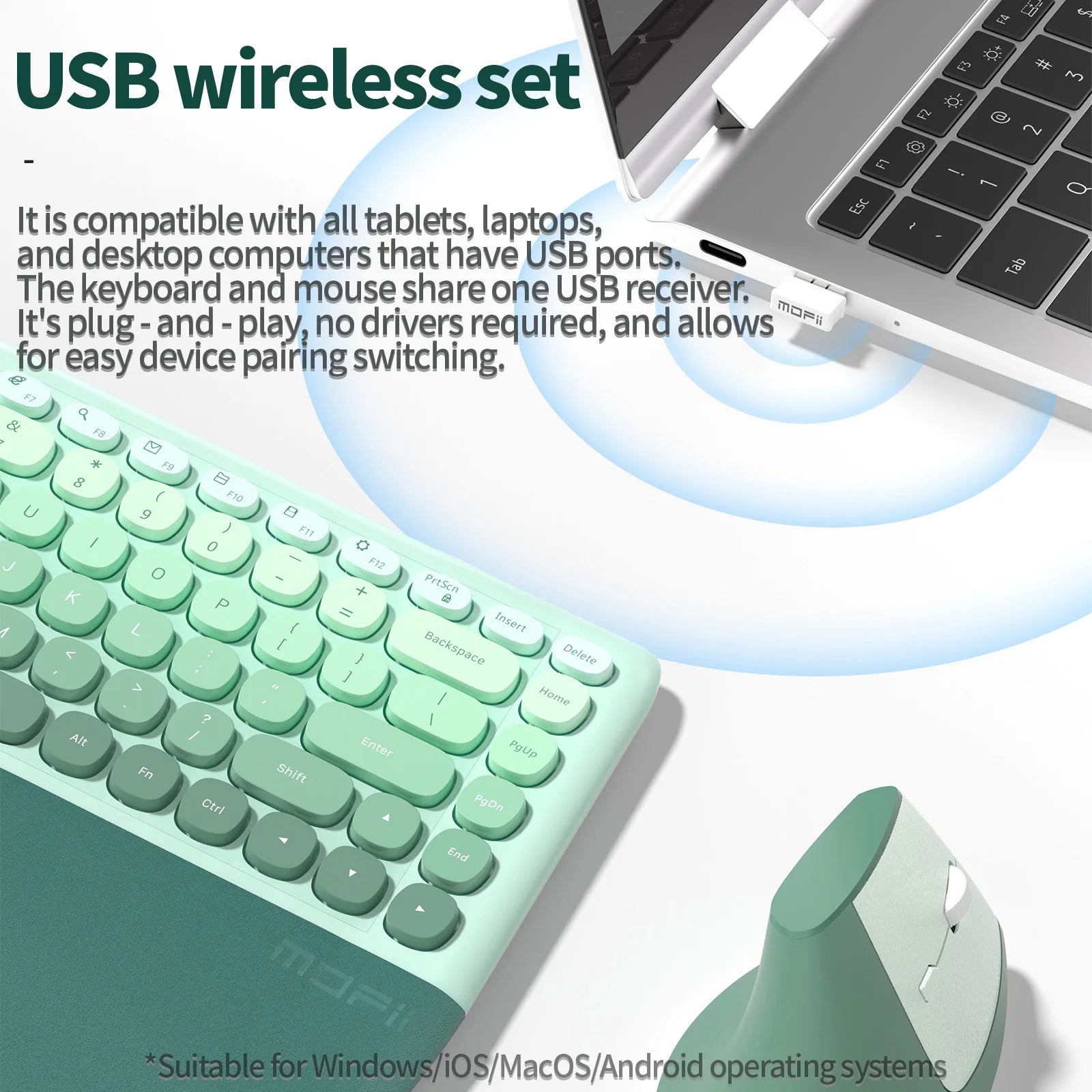 MOFii 1 Set Ergonomic Wireless Keyboard and Mouse Combo, Green Split Design Office Keyboard, 2.4G Wireless Connection, US QWERTY