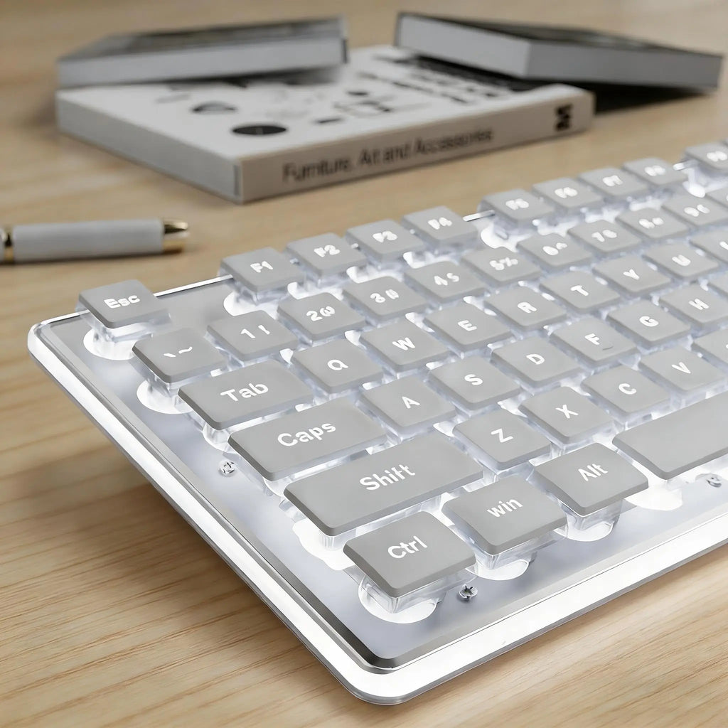 EWEADN GX710S Keyboards White Backlit 104 Keys Metal Panel Wired USB Mute Keyboard with Water Drop Keycaps for Game and Office