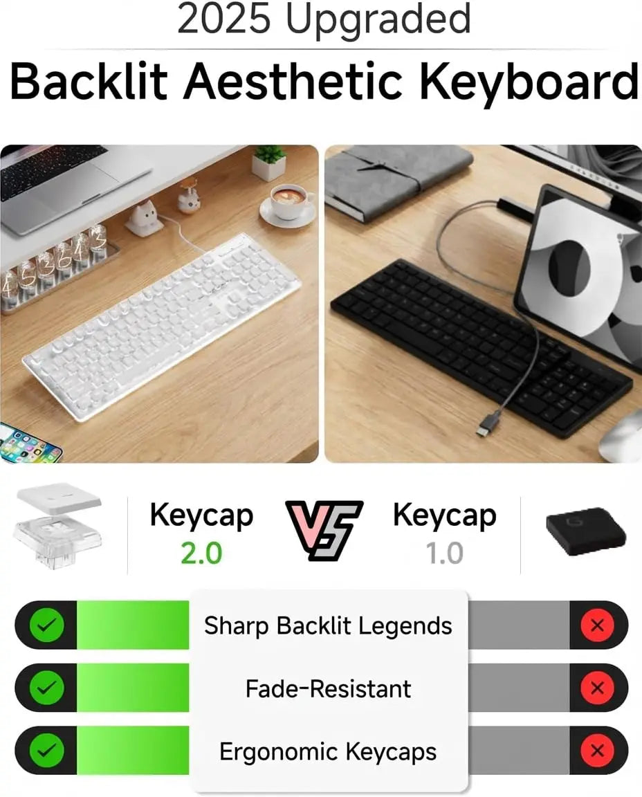 EWEADN GX710S Keyboards White Backlit 104 Keys Metal Panel Wired USB Mute Keyboard with Water Drop Keycaps for Game and Office
