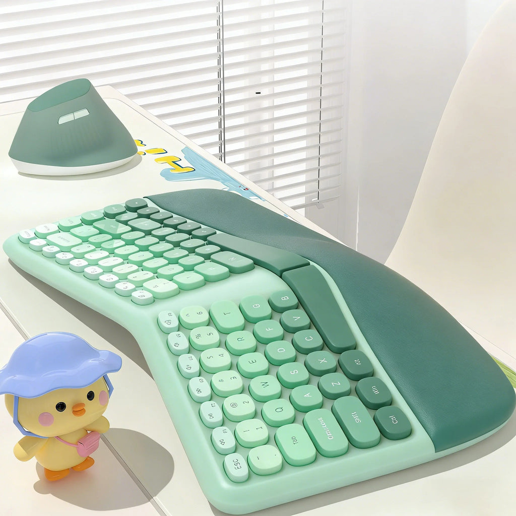 MOFii 1 Set Ergonomic Wireless Keyboard and Mouse Combo, Green Split Design Office Keyboard, 2.4G Wireless Connection, US QWERTY