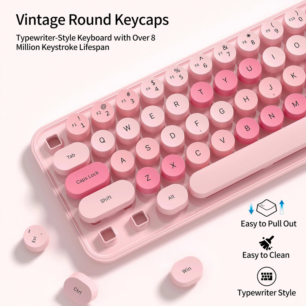 MOFii 1 Set Pink Wireless Keyboard & Mouse Combo, Cute Round Keycaps for Girls, Plug and Play, US QWERTY