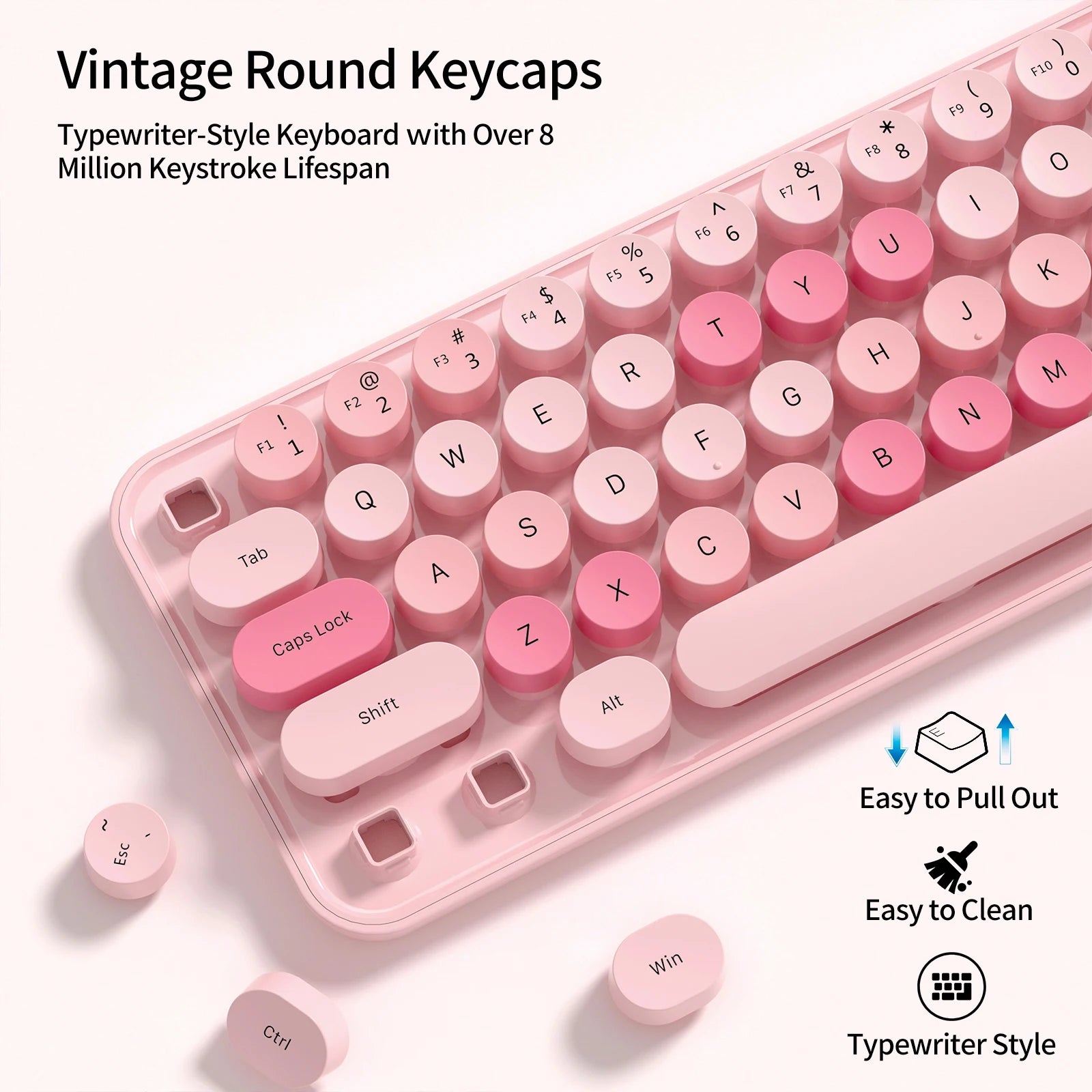 MOFii 1 Set Pink Wireless Keyboard & Mouse Combo, Cute Round Keycaps for Girls, Plug and Play, US QWERTY